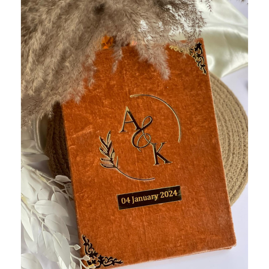 Nikkah Fiery Orange Velvet Booklet With Golden Theme