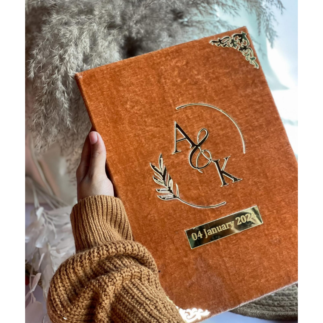 Nikkah Fiery Orange Velvet Booklet With Golden Theme
