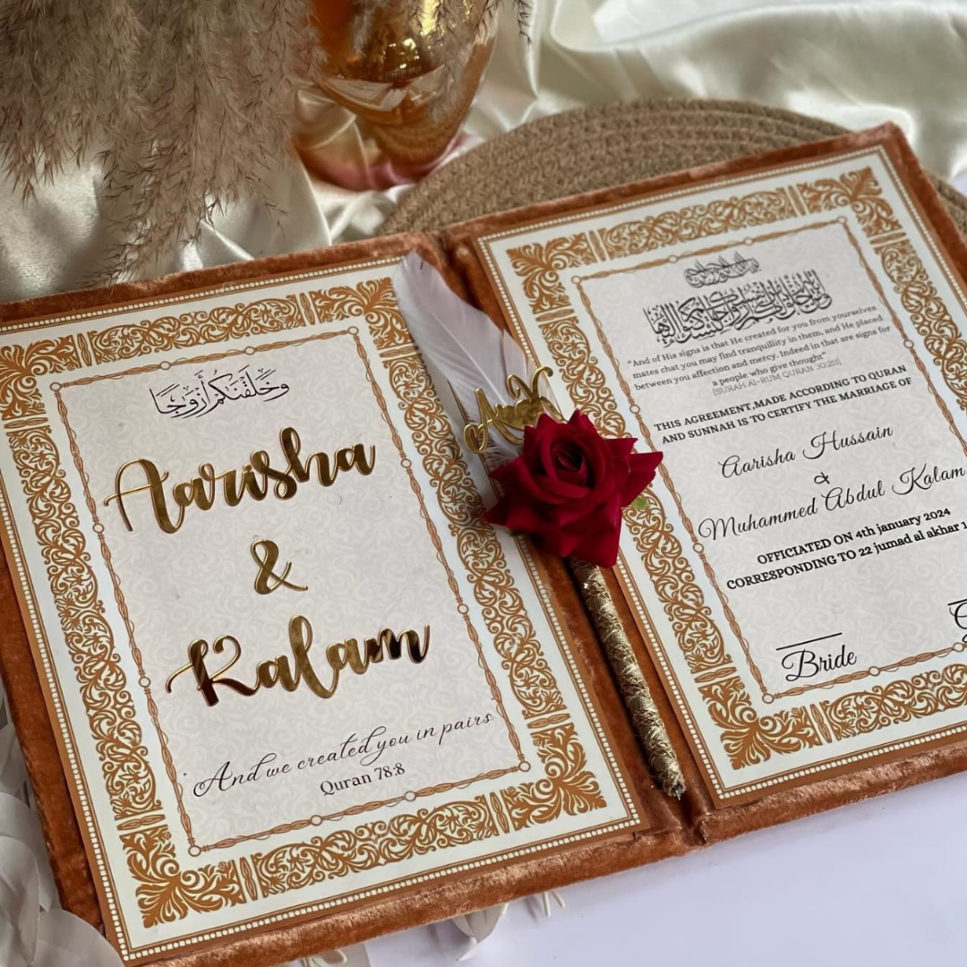 Nikkah Fiery Orange Velvet Booklet With Golden Theme