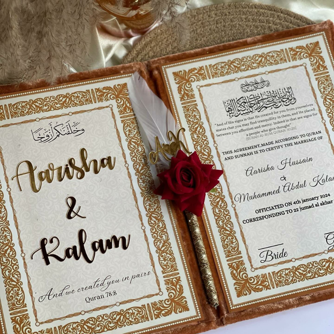 Nikkah Fiery Orange Velvet Booklet With Golden Theme